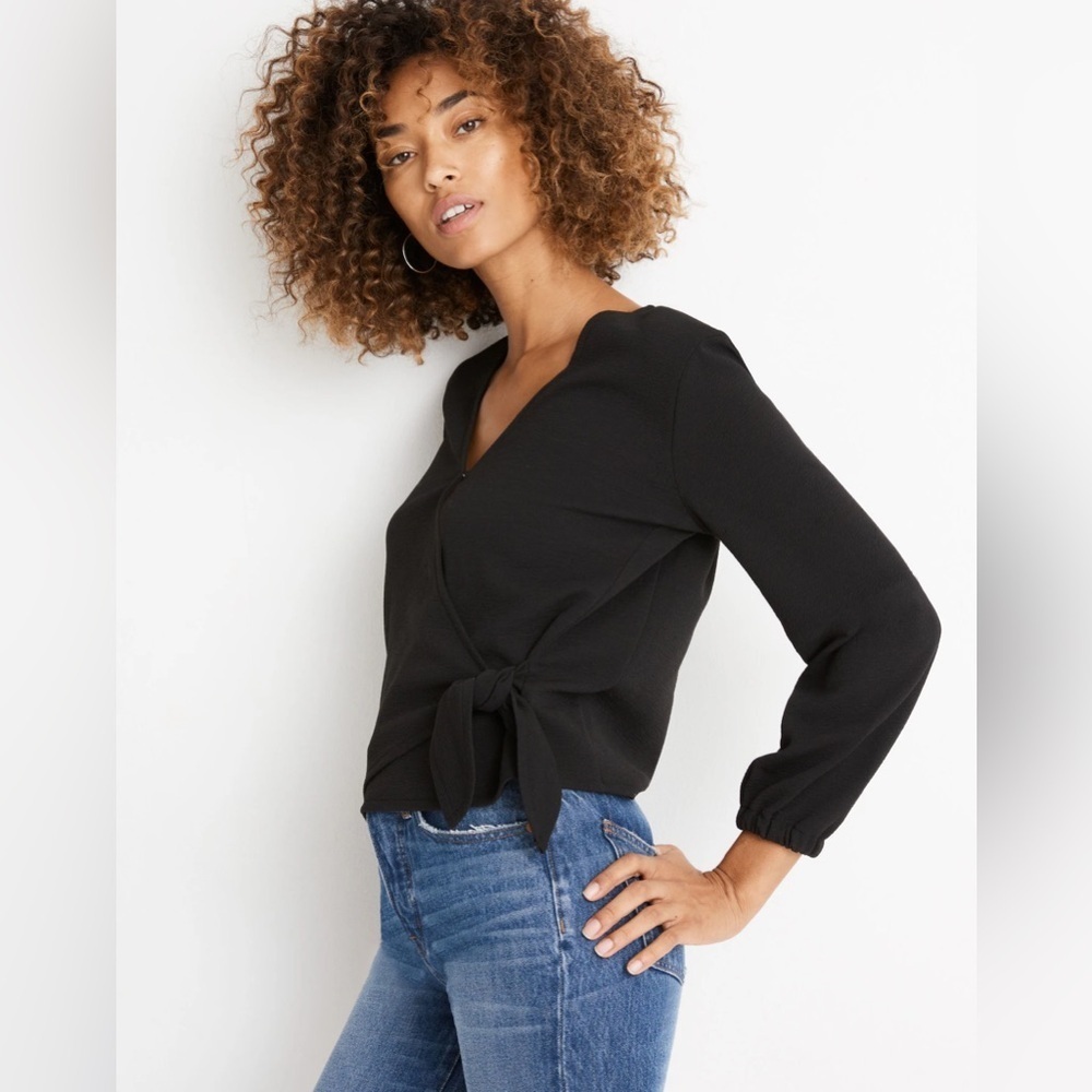 Madewell Texture & Thread Crepe Wrap Top in True Black - Size XXS - Picture 2 of 5